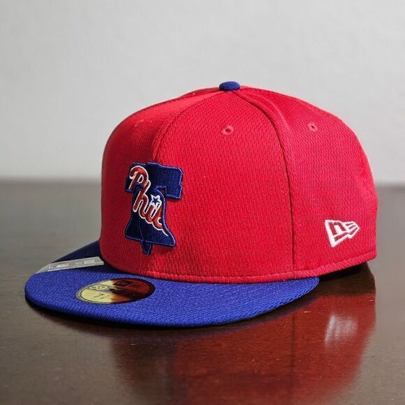 New Era MLB Phillies Fitted Hat Cap 7 7/8 Red Blue 59Fifty Bating Practice New - Picture 7 of 16